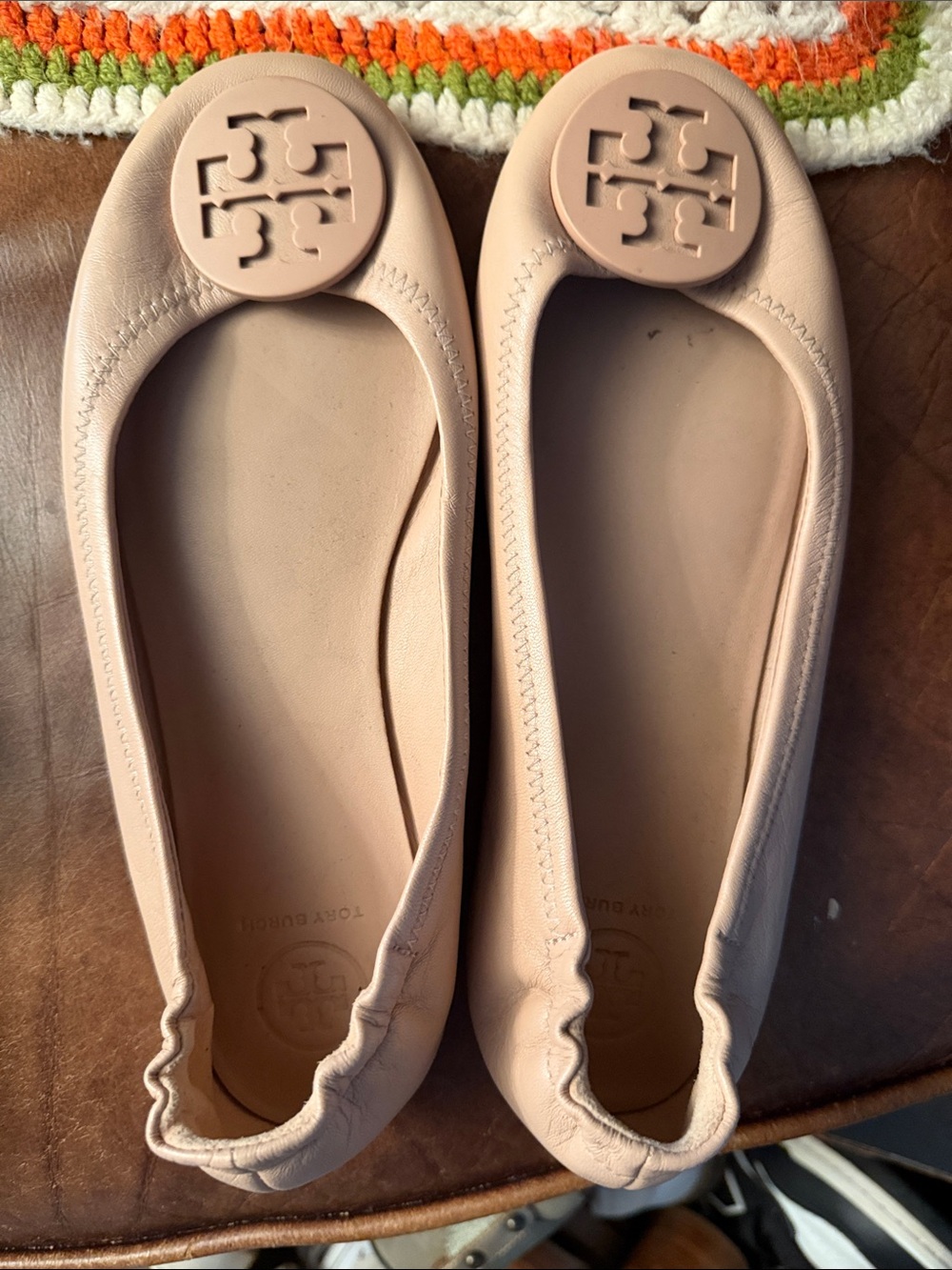 Tory Burch Blush Pink Leather Logo Ballet Flats